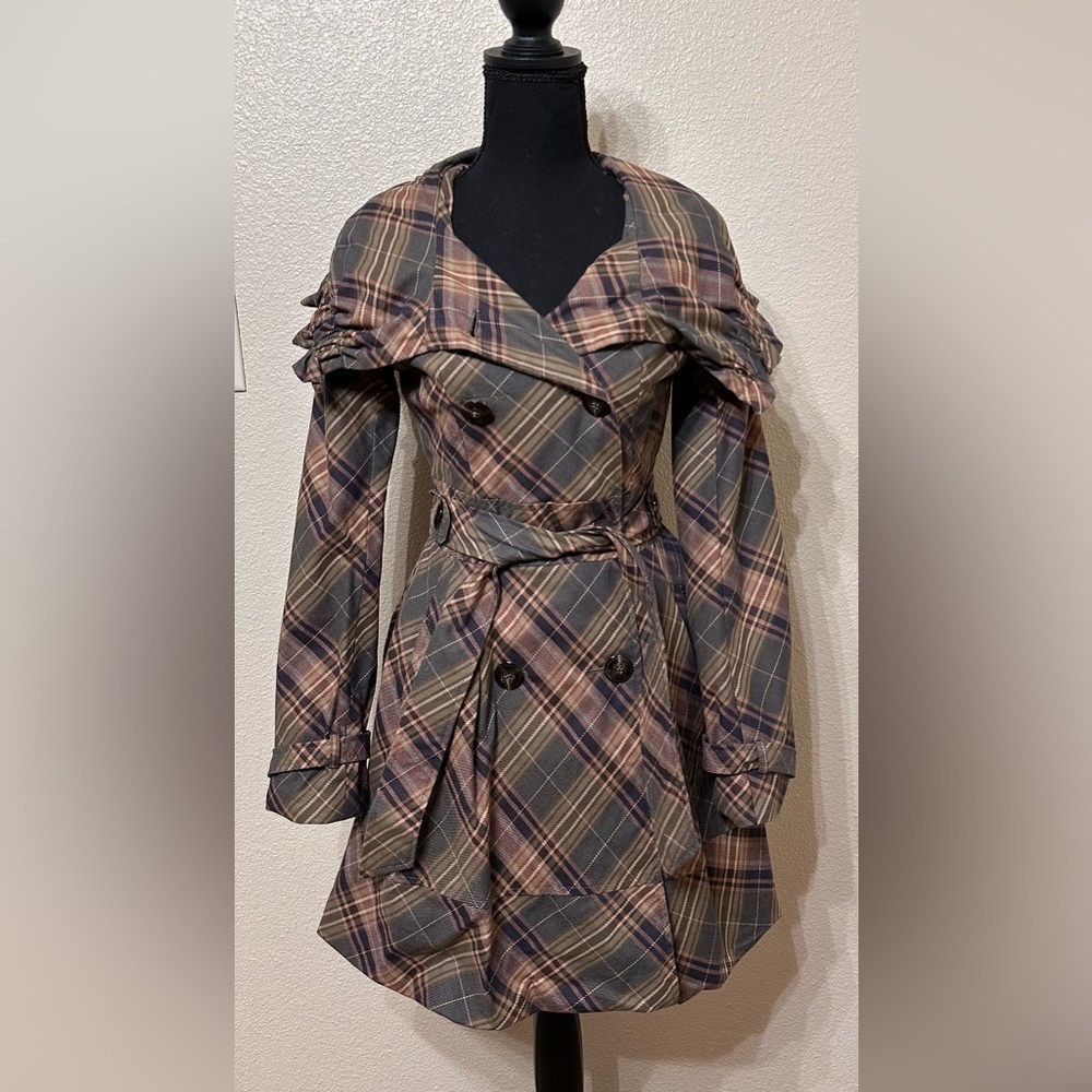 Anthropologie (Black Rivet) Plaid Trench Coat in Green, Brown, and Tan Size 0